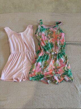 Rompers - Pink and Tropical with Green Leaf Print